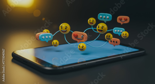 A digital rendering of a modern smartphone features interactive social media network with emoticons and speech bubble design. Capturing the essence of online interaction and communication.
