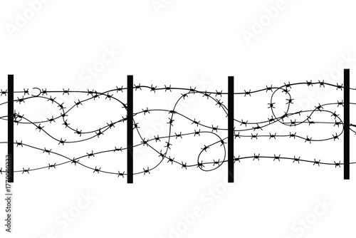Barbed wire fence with vertical posts against a stark white background