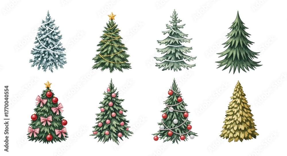 Fototapeta premium Collection of Hand-Drawn Christmas Trees with Holiday Decorations