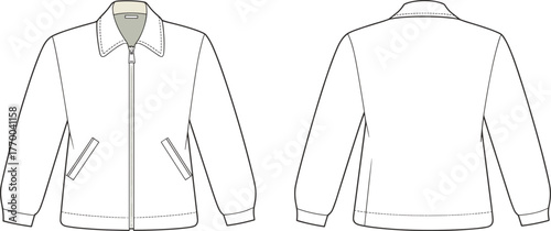 Cad garment technical sketch, zip front bomber jacket flat, fashion technical drawing template, front and back view clean vector, production ready sheet