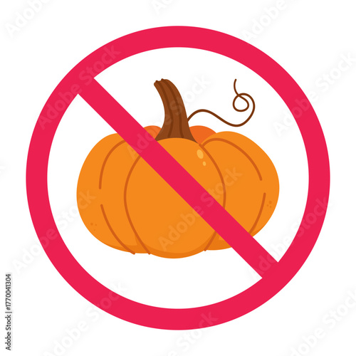 No pumpkin sign, forbidden sign with pumpkin icon, side effects of eating pumpkin, disadvantages of eating pumpkin, red crossed circle symbol, flat vector illustration
