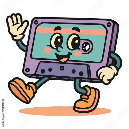 Adobe IlA CUTE RETRO CASSETTE TAPE CARTOON CHARACTER WALKING AND WAVING, A VINTAGE MASCOT FOR MUSIC, NOSTALGIA, AND 80S VIBES