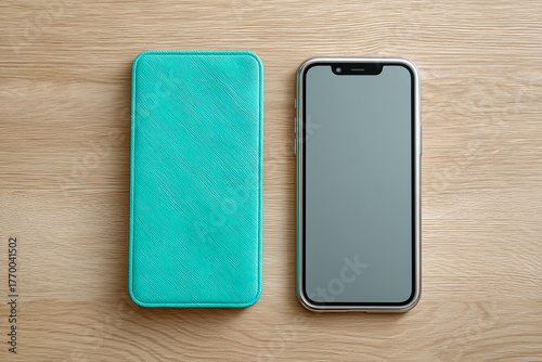 A top view of a smartphone with a blank screen and a turquoise smartphone case
