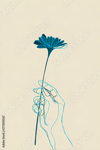 drawing of a hand holding a turquoise flower on a beige background
