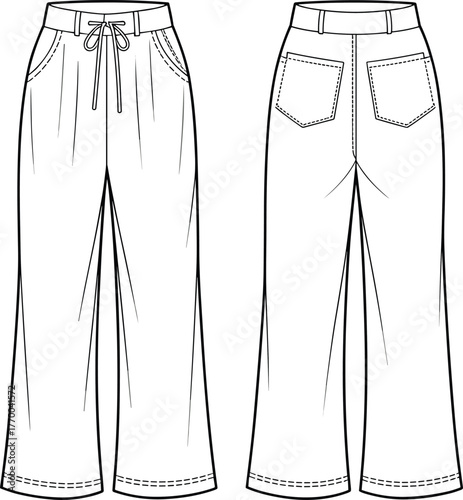CAD drawing flat vector illustration of wide leg pants with back pockets, elastic waistband and front tie string technical fashion sketch front view