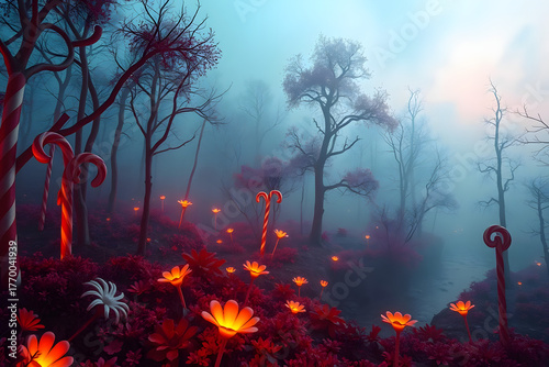 Surreal Halloween candy forest landscape at dusk, with candy canes as trees, caramel rivers, and glowing lollipop flowers