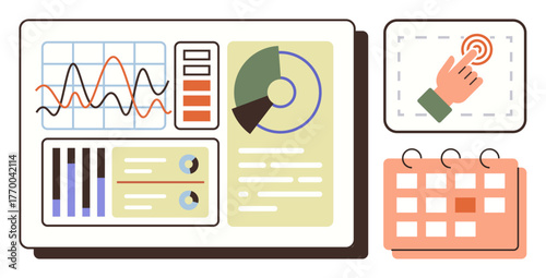 Graphs, pie charts, analytics boards, a finger tapping on a touchscreen, and a calendar. Ideal for data visualization, productivity, organization, digital tools planning project management simple