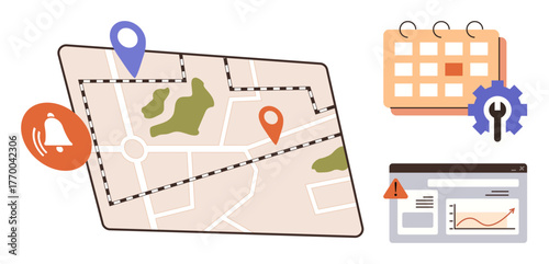 Navigation map with location pins, alarm bell alert, gear icon for settings, calendar, and analytics dashboard. Ideal for map navigation, planning, scheduling, management productivity tracking