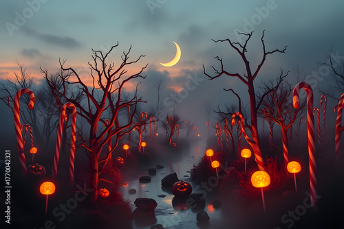 Surreal Halloween candy forest landscape at dusk, with candy canes as trees, caramel rivers, and glowing lollipop flowers