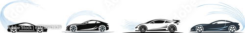 Four stylized cars in motion, showcasing sleek designs and dynamic lines, suggesting speed and performance.