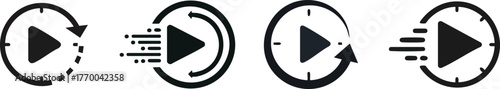 A set of four play button icons with varying designs, emphasizing motion and speed, suitable for video or multimedia applications.