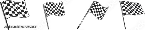 Four black and white checkered flags displayed in various positions, often symbolizing racing or competition.