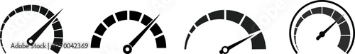 Four speedometer icons representing various levels, illustrating speed and performance metrics in a simple, monochromatic design.