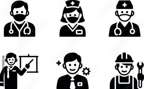 Set of six black and white icons representing diverse professions and healthcare workers vector