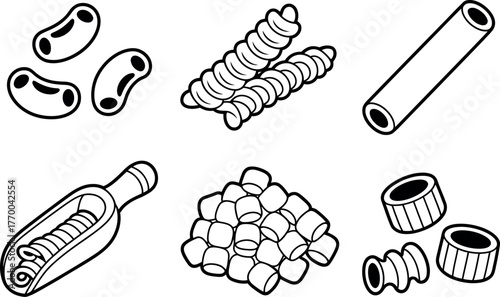 Diverse collection of pasta shapes and beans line art food icons for culinary design vector