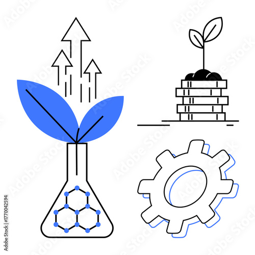 Flask with molecular structure and plant, stack with sprouting leaf, gear symbolizing technology. Ideal for sustainability, innovation, green energy, growth, environmental care, research science