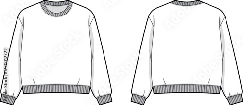 CAD drawing flat vector illustration of crewneck sweatshirt with ribbed cuffs, hem, neckline, long sleeves, front and back view, technical fashion sketch, editable line art.