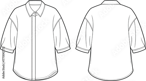 CAD drawing flat vector illustration of oversized shirt with collar, half sleeves, front placket, curved hem, back view included, technical fashion sketch, editable line art.