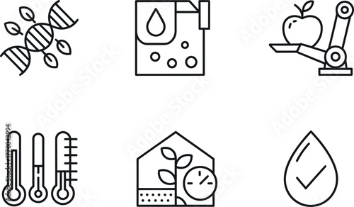 Six modern agricultural technology icons set for smart farming biotechnology and science innovations vector