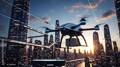 Autonomous drone delivering packages over a vibrant, modern metropolis at sunset, showcasing advanced urban logistics and the future of smart city technology and efficient transport solutions