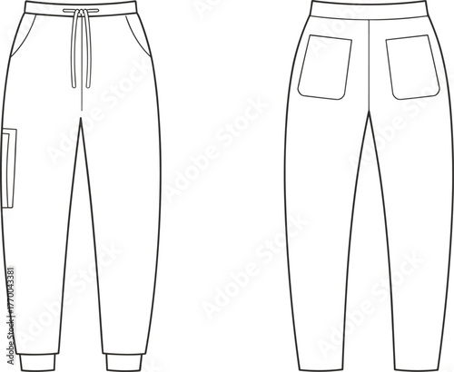 Cargo jogger pants technical flat sketch, front and back view fashion design, detailed cad drawing vector, apparel template for clothing design illustration