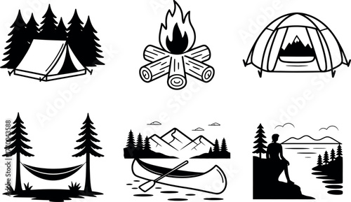 Camping and outdoor adventure icons set featuring tent bonfire canoe mountains and hammock vector