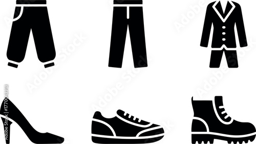 Minimalist icon set six black apparel items clothing footwear fashion design elements vector