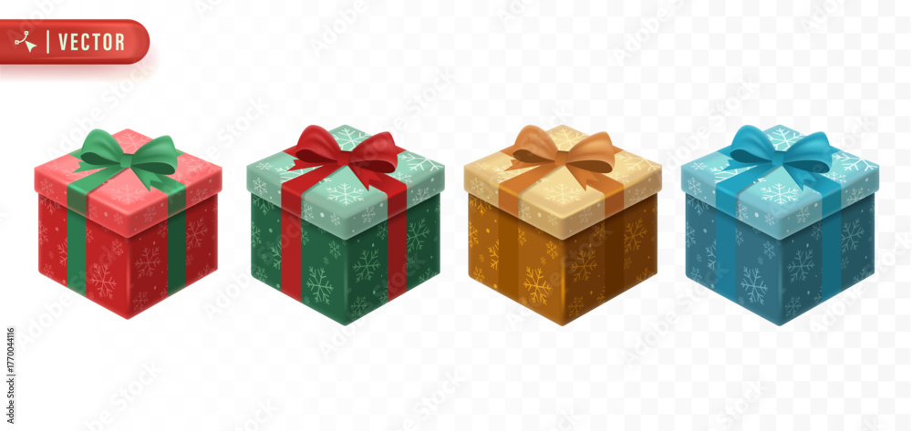 Obraz premium Colorful Christmas gift boxes with shiny ribbons and bows representing joyful holiday presents for winter celebration illustration. Christmas 3D Element