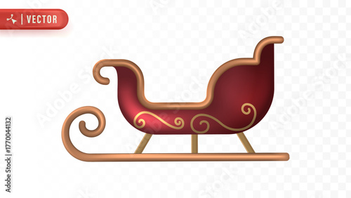 Classic red Santa sleigh vector illustration with gold decorations representing traditional Christmas transportation full of gifts and joy. Christmas 3D Element