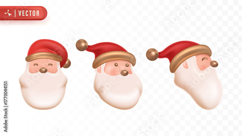 Cute 3D Santa Claus face illustrations with different facial expressions and hats representing cheerful Christmas festive character designs. Christmas 3D Element