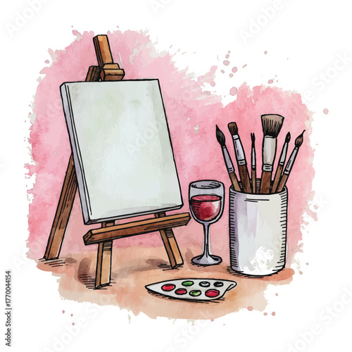 Artistic creation setup easel canvas paint brushes supplies goblet red drink watercolor sketch illustration