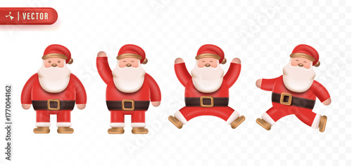 Fun collection of Santa Claus poses with waving gestures and jumping actions symbolizing happiness during holiday season celebration. Christmas 3D Element
