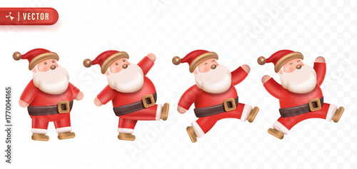 Adorable dancing Santa Claus character poses expressing joy and happiness in a cheerful Christmas celebration vector illustration. Christmas 3D Element