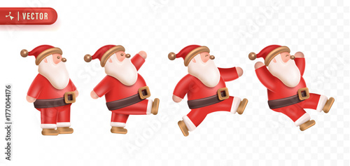Adorable dancing Santa Claus character poses expressing joy and happiness in a cheerful Christmas celebration vector illustration. Christmas 3D Element