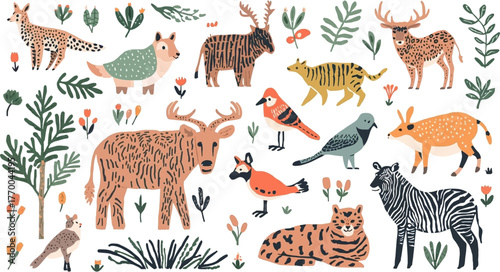 A vibrant illustration showcases a diverse array of animals and birds, alongside lush foliage, creating a harmonious and colorful wildlife scene.