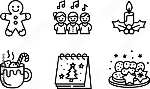 Charming set of six hand-drawn black and white line art icons celebrating christmas winter holidays vector