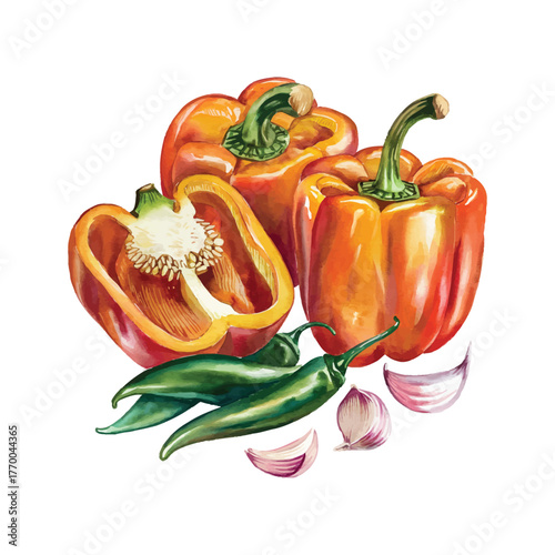 Watercolor Bell Peppers Chili and Garlic Composition Fresh Vegetable Harvest Ingredient Still Life