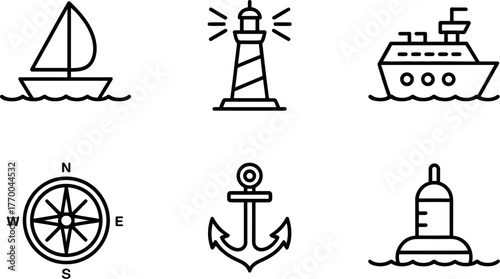Set of six minimalist nautical icons featuring sailboat lighthouse ship compass anchor buoy and waves vector