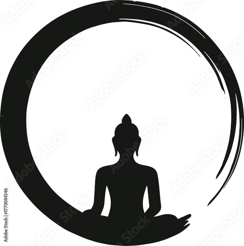 Vector Buddha Silhouette in Lotus Position within a Hand-Drawn Japanese Zen Enso Circle Symbol for Meditation and Minimalism.