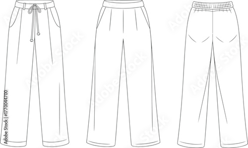 CAD drawing flat vector illustration, fashion technical sketch of women wide leg pants, loose trousers, and casual lounge design template