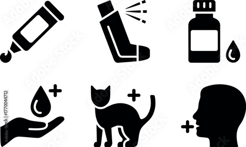 Medical icon set six black and white symbols for health care and allergy treatment vector