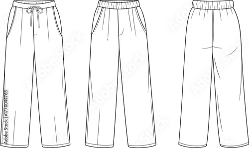 CAD drawing flat vector illustration, fashion technical sketch of women elastic waist wide leg pants, casual lounge trousers design template