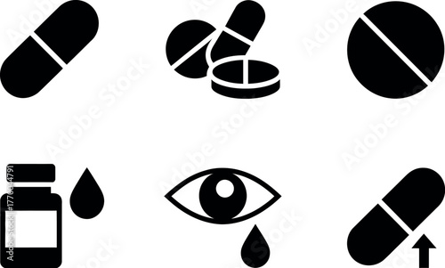 Set of six black and white medical icons representing pills capsules eye drops and eye care vector