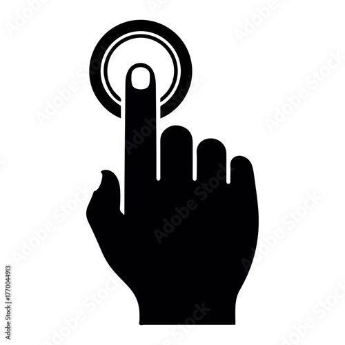 Black hand icon finger pointing and pressing a round button icon, modern flat design vector illustration for interface and web