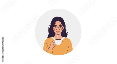 Young woman sipping coffee in cozy sweater with glasses  