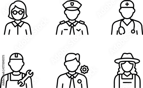 Set of six minimalist line art icons representing diverse professions and occupations vector