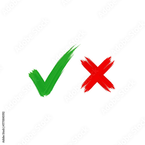 Green Check Mark and Red Cross Brush Strokes, Symbolizing Correctness and Incorrectness, Decision Making Concept