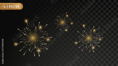 Glowing golden fireworks exploding in dark background symbolizing New Year celebration and joyful festive holiday atmosphere illustration. Christmas 3D Element