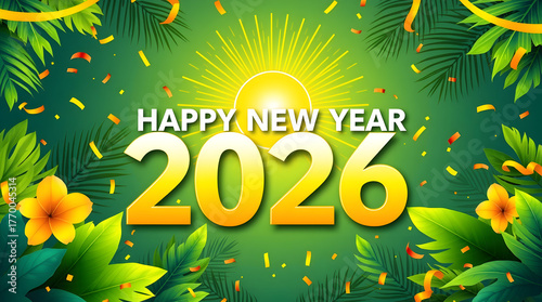 Happy New Year 2026 background with lush green leaves, yellow-orange flowers, and radiant sunburst creating a vibrant tropical celebration theme.

