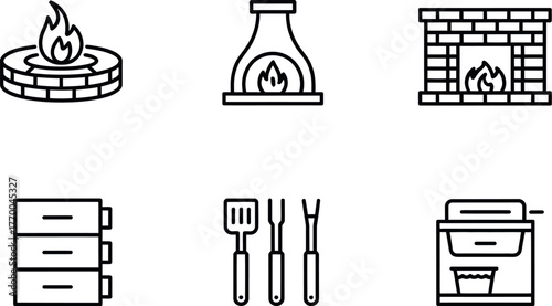 Set of six minimalist line art icons representing outdoor cooking and fireplaces vector